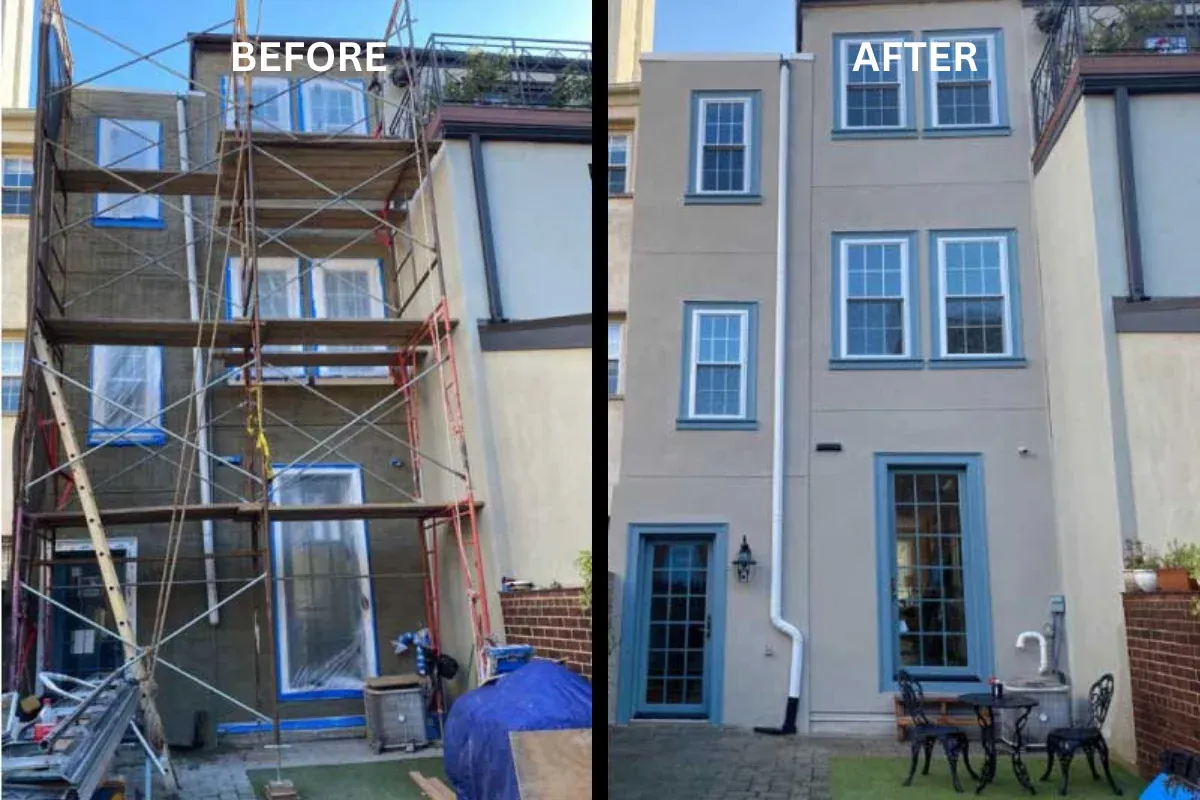 Before and after of a three-story townhouse rear wall: scaffolded and stripped, then finished with new tan stucco and blue trim